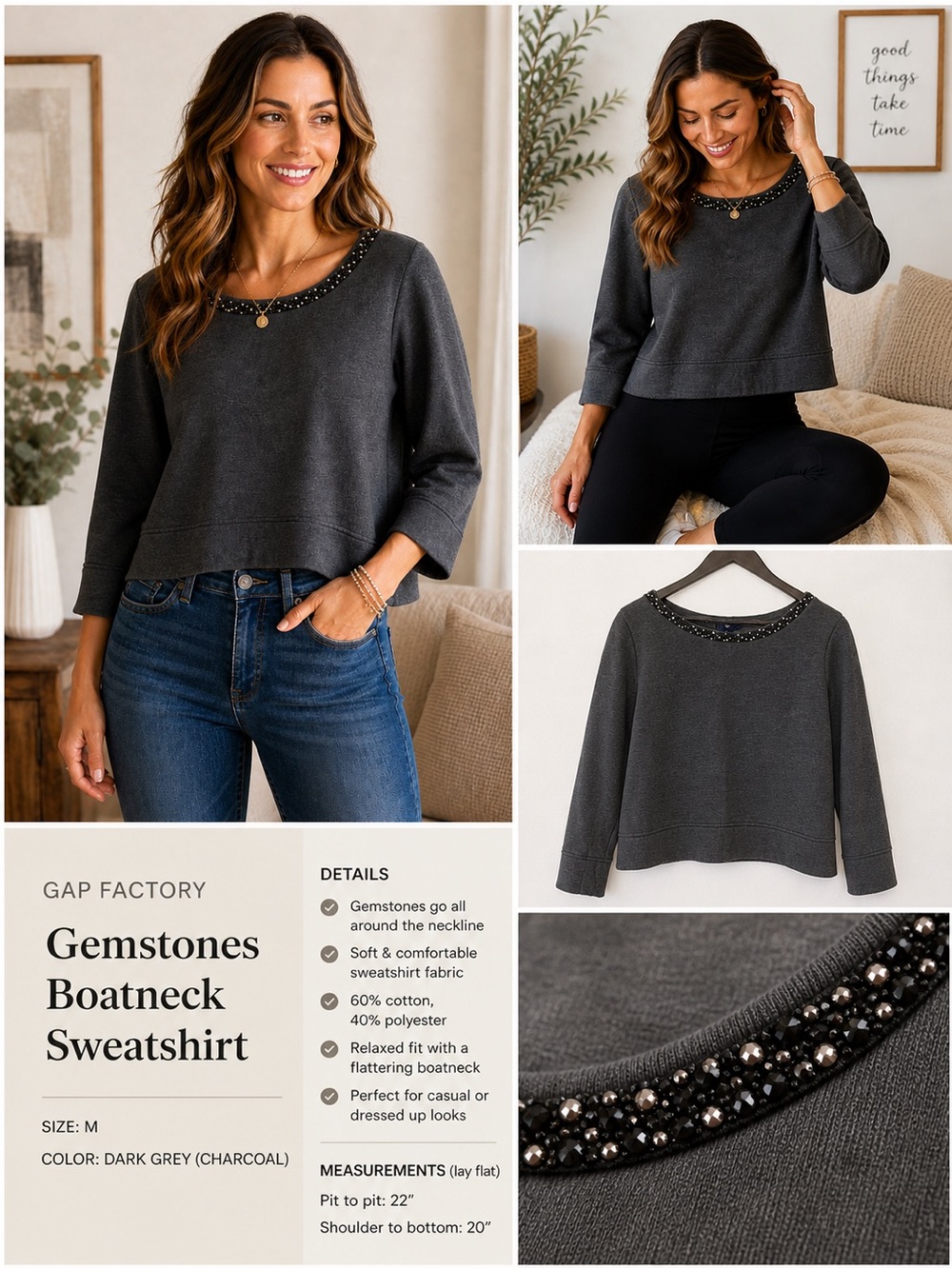 Embellished Boatneck Sweatshirt Charcoal Grey Rhinestone Trim Cropped Top M GAP